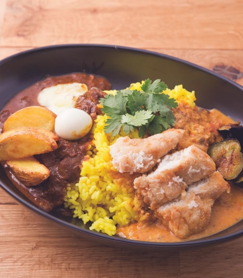 Akiba Mori Curry with yellow rice, multiple curries and toppings at Akihabara Caligari