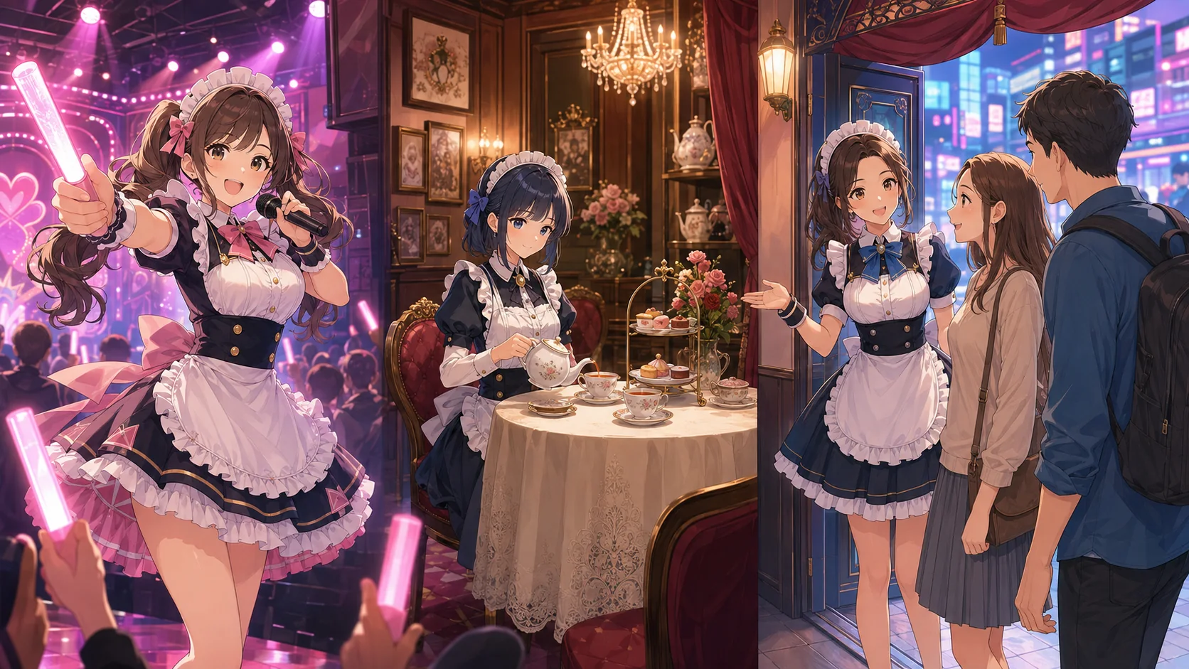 Original anime illustration comparing a lively stage cafe, a calm tea cafe and a guided first visit