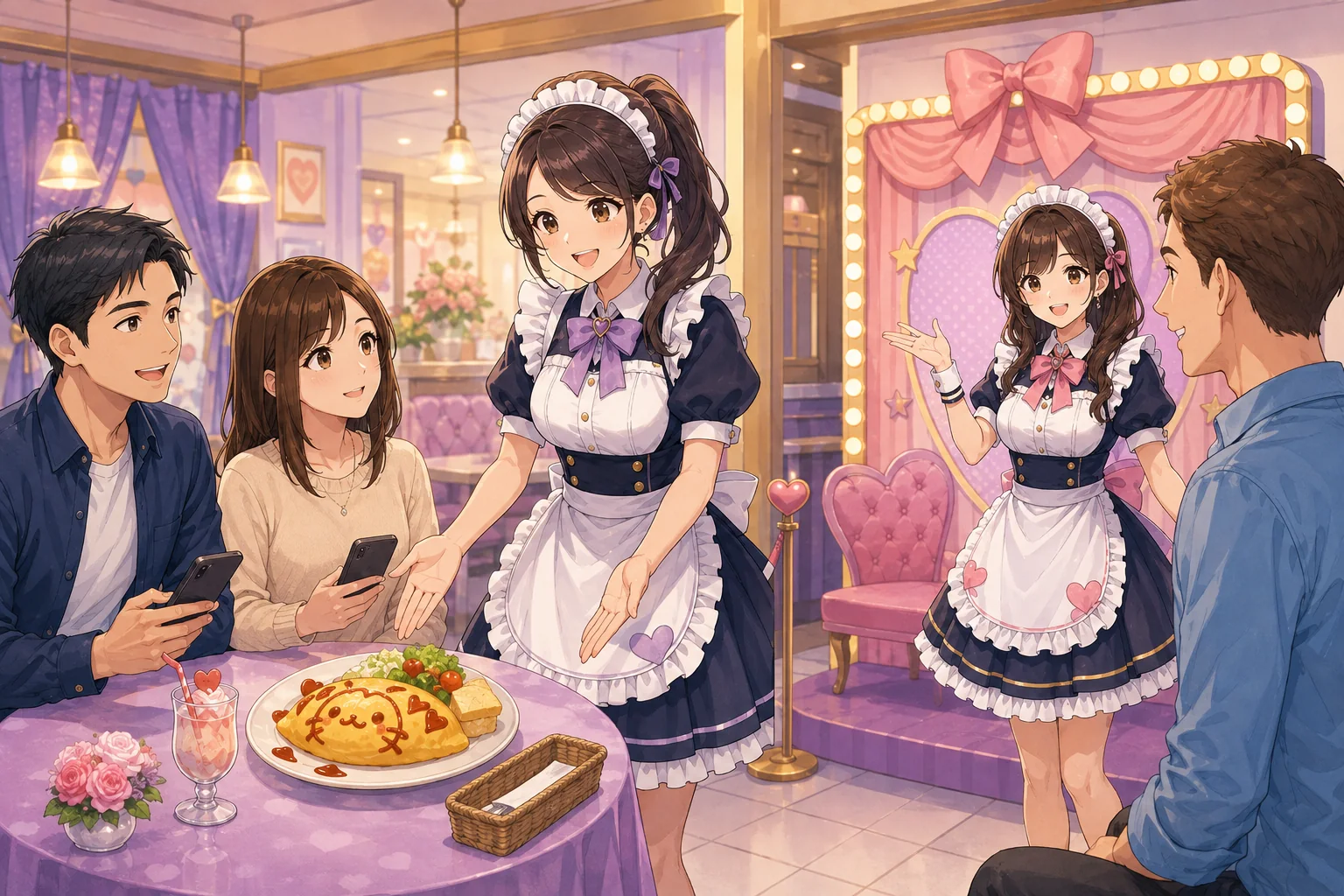 Original anime illustration of adult maid-cafe hosts explaining food photography and a separate commemorative photo area