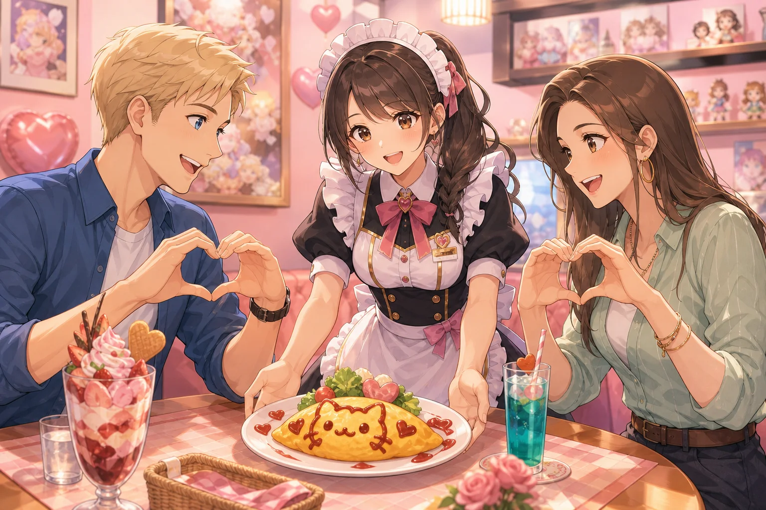 Original anime illustration of adult travelers joining a heart gesture as a maid presents decorated omurice