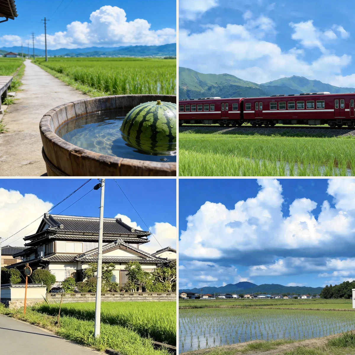 Four quiet summer scenes in Japan: a watermelon in a wooden tub, a red local train, a rice-field road, and towering clouds