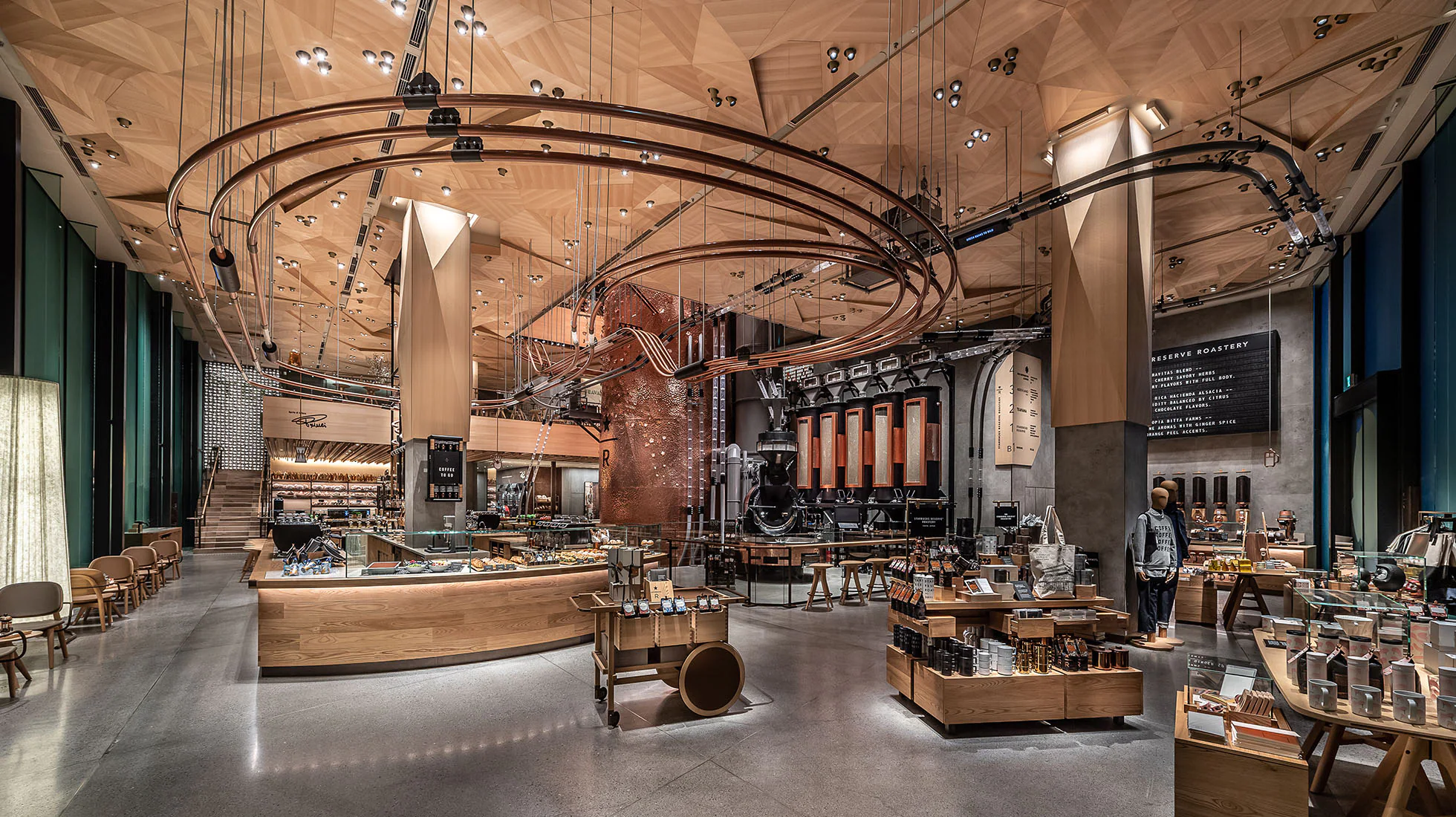 Copper cask, roasting equipment and timber ceiling inside Starbucks Reserve Roastery Tokyo