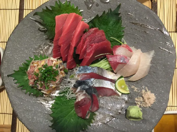 Assorted tuna, bonito, mackerel and white-fish sashimi at Izakaya Sato in Shimbashi
