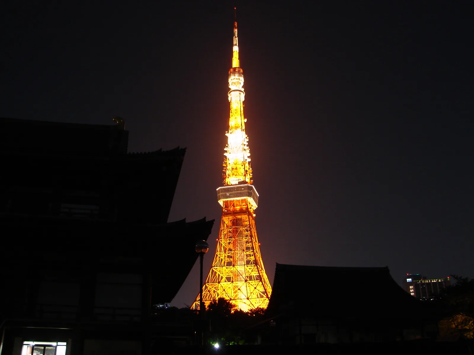 Tokyo Tower illuminated behind Zojoji Temple after dark