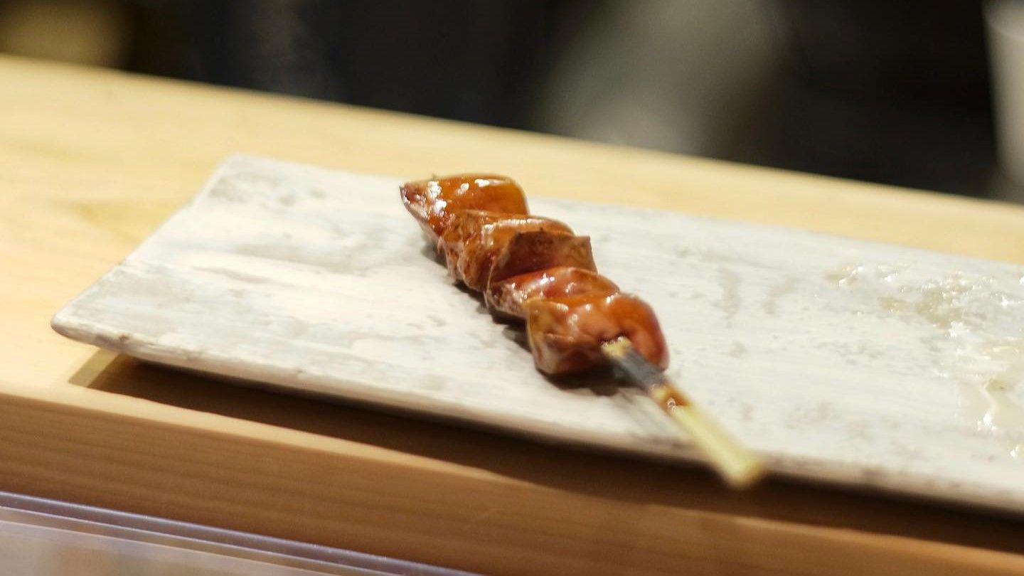 Glazed yakitori skewer at Yakitori Shuka in Nezu