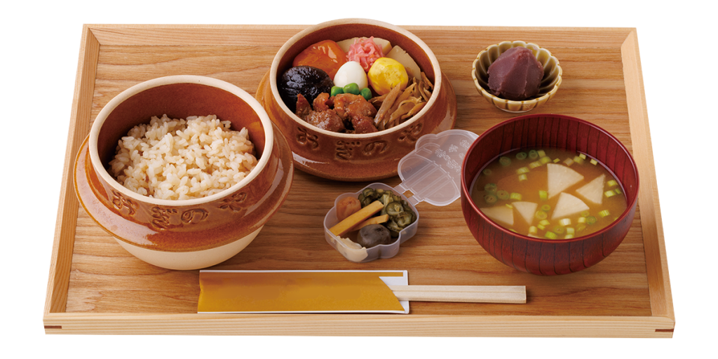 Clay-pot rice set with barley rice, miso soup and pickles at OGINOYA GEN Yurakucho